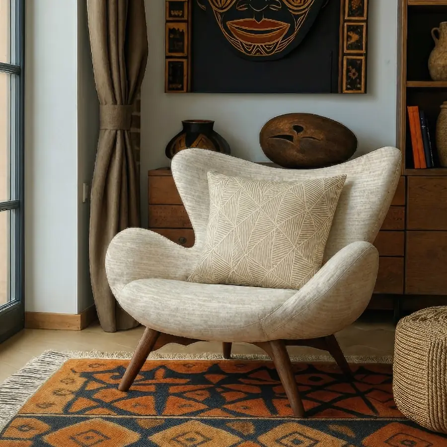 Fauteuil op een kleurrijk kelimtapijt. Stoffen van Alessandro Bini.