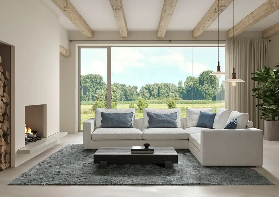 Woonkamer met hoeksalon en haard. Meubelen van Corneille & Silence.