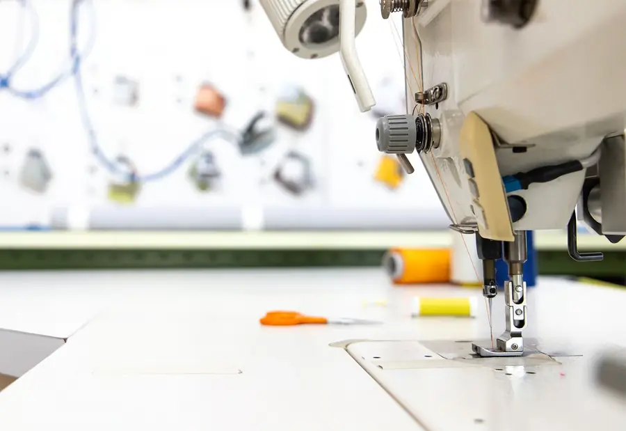 Naaimachine in het atelier. Stoffen van Création Baumann.