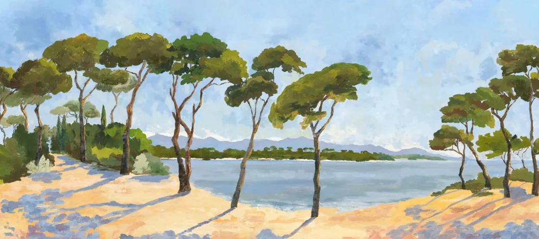 Panoramisch behang met pijnbomen aan een meer. Behang van Isidore Leroy.