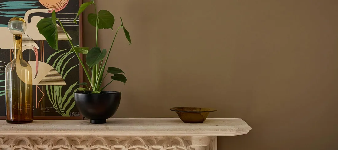 Wand in warm bruin met een plant en een schaal. Verf van Little Greene.
