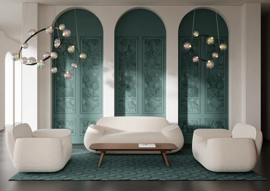 Groene kamer met bogen en groen tapijt. Meubelen van Moooi.